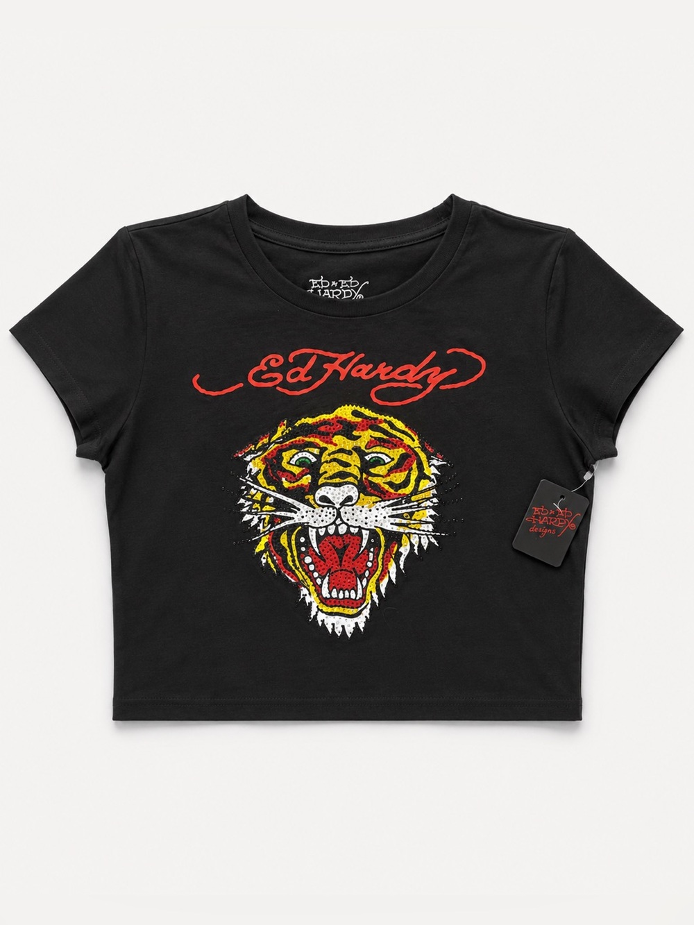 Ed Hardy Tiger Graphic T-Shirt Black Rhinestone Tattoo Y2K Tee Size L